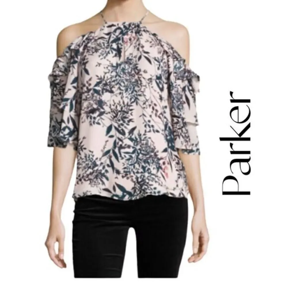 Parker New York Cindy Floral-Print Cold-Shoulder Silk Top EUC Sz S